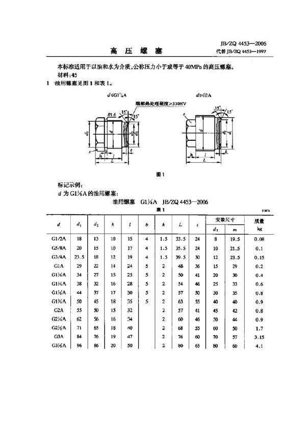 高压螺塞 (JB/ZQ 4453-2006)