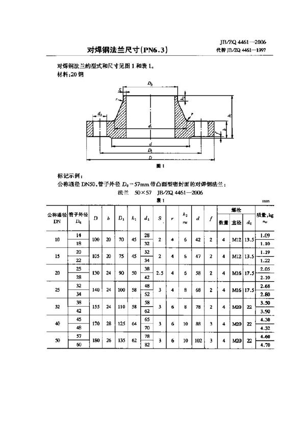 对焊钢法兰尺寸(PN6.3) (JB/ZQ 4461-2006)