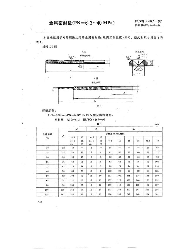 金属密封垫(PN=6.3∽40MPa) (JB/ZQ 4467-1997)