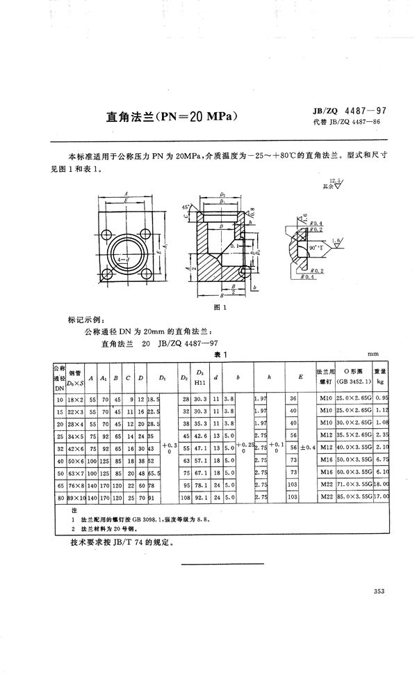 直角法兰(PN=20MPa) (JB/ZQ 4487-1997)