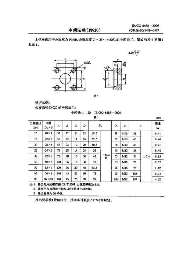 中间法兰(PN20) (JB/ZQ 4488-2006)