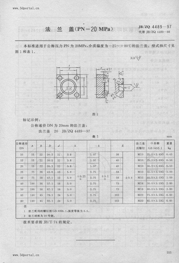 法兰盖（PN=20MPa） (JB/ZQ 4489-1997)