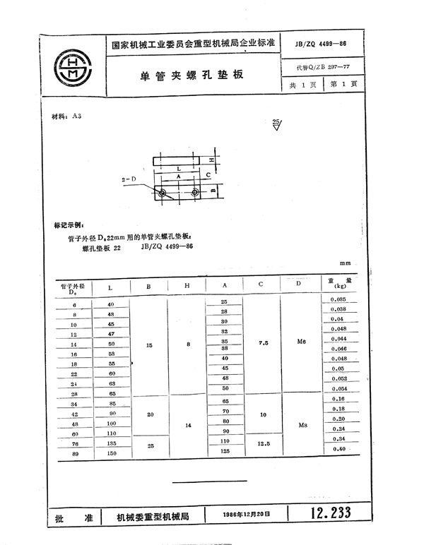 单管夹螺孔垫板 (JB/ZQ 4499-1986)