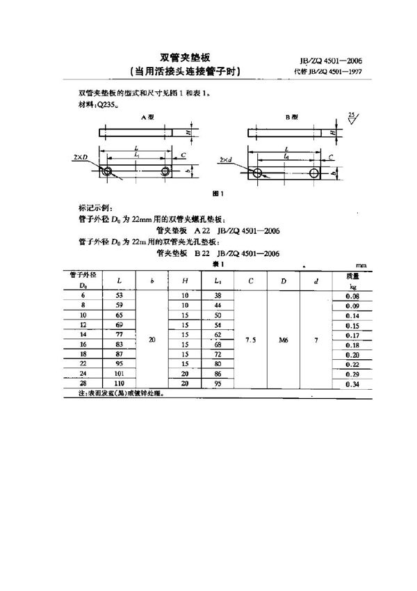 双管夹垫板(当用活接头连接管子时) (JB/ZQ 4501-2006)