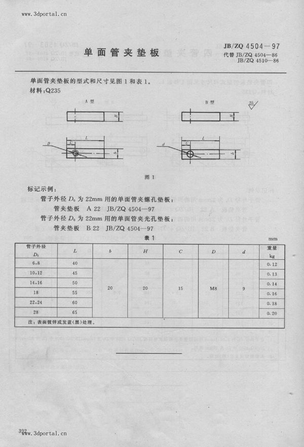 单面管夹垫板 (JB/ZQ 4504-1997)