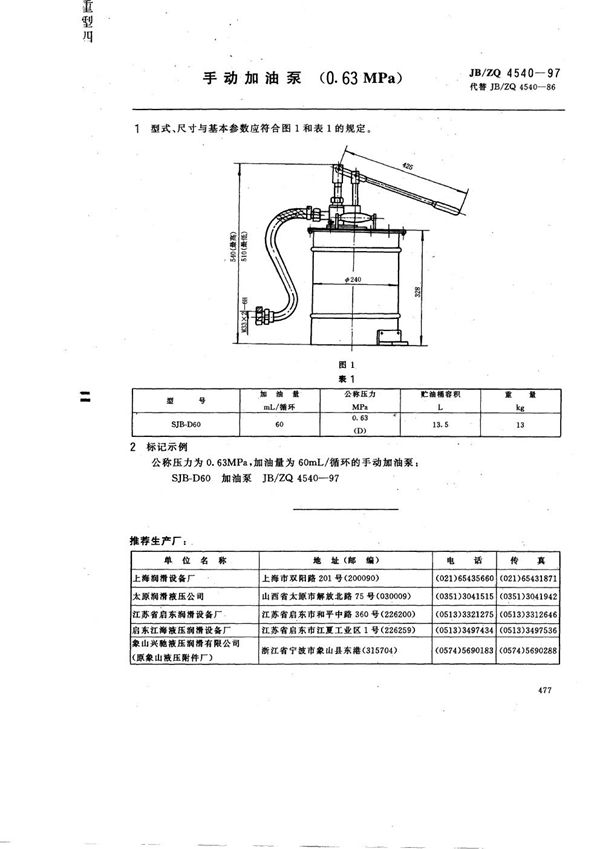 手动加油泵(0.63MPa) (JB/ZQ 4540-1997)