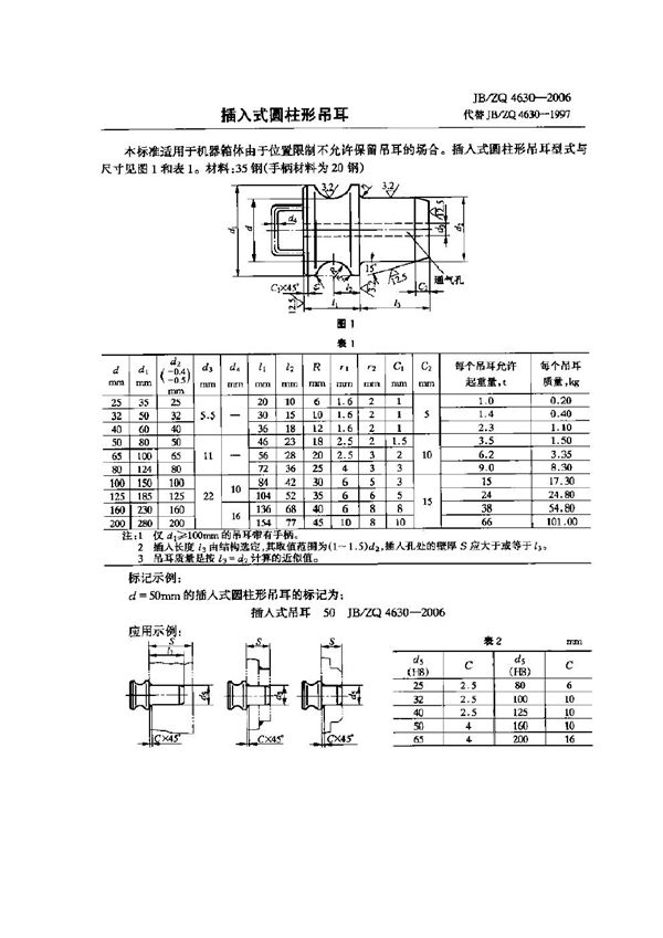 插入式圆柱形吊耳 (JB/ZQ 4630-2006)