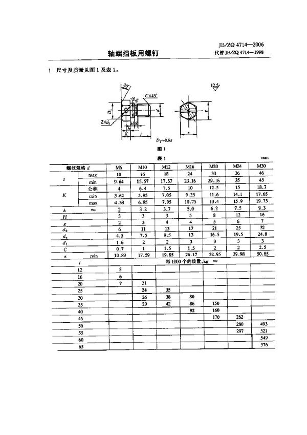 轴端挡板用螺钉 (JB/ZQ 4714-2006)