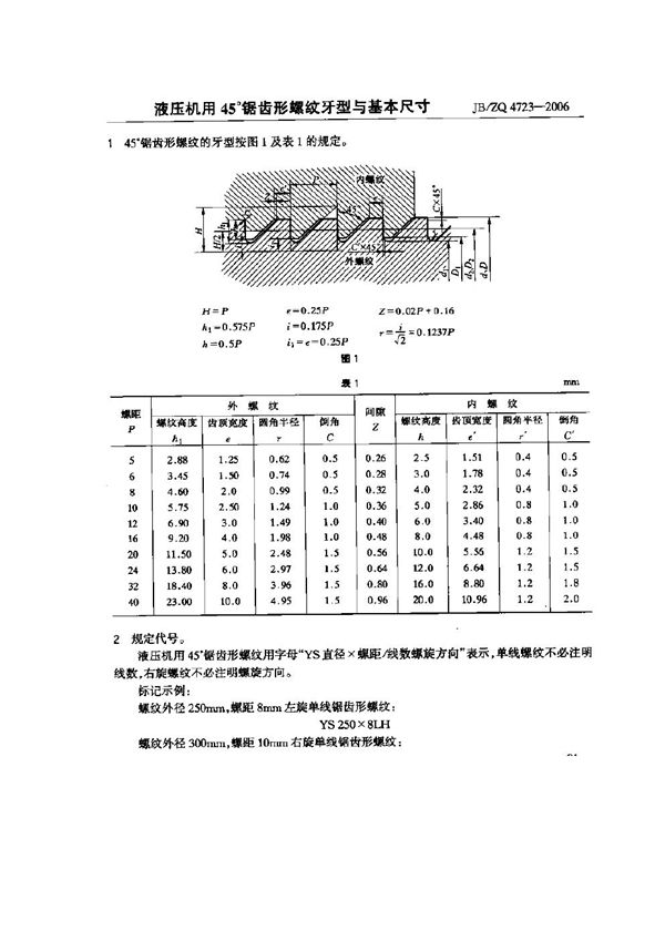 液压机用45°锯齿形螺纹牙型与基本尺寸 (JB/ZQ 4723-2006)