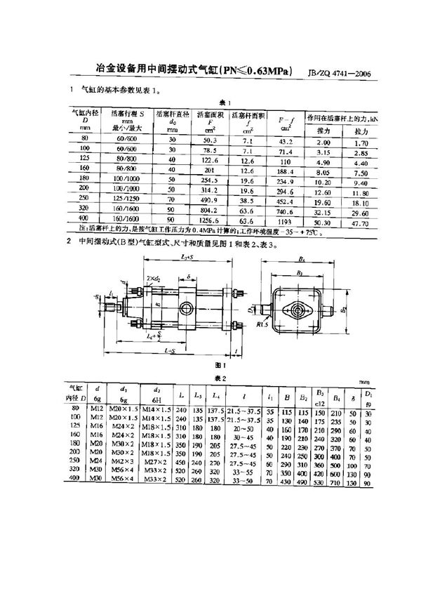 冶金设备用中间摆动式气缸(PN≤0.63MPa) (JB/ZQ 4741-2006)