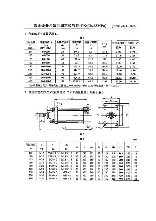 冶金设备用法兰固定式气缸(PN≤O.63MPa) (JB/ZQ 4743-2006)