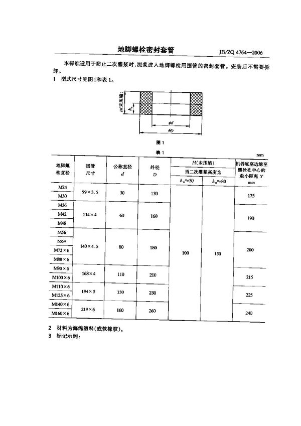 地脚螺栓密封套管 (JB/ZQ 4764-2006)