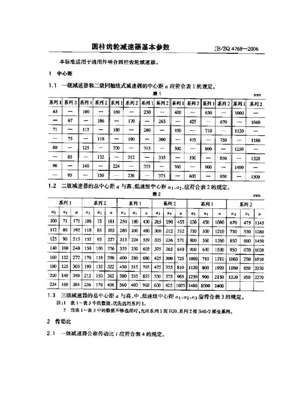 圆柱齿轮减速器基本参数 (JB/ZQ 4768-2006)