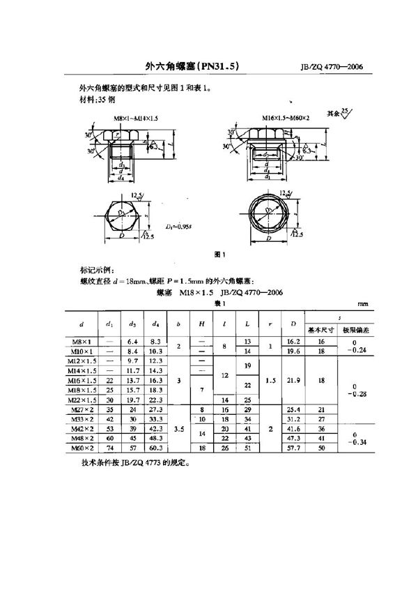 外六角螺塞(PN31.5) (JB/ZQ 4770-2006)