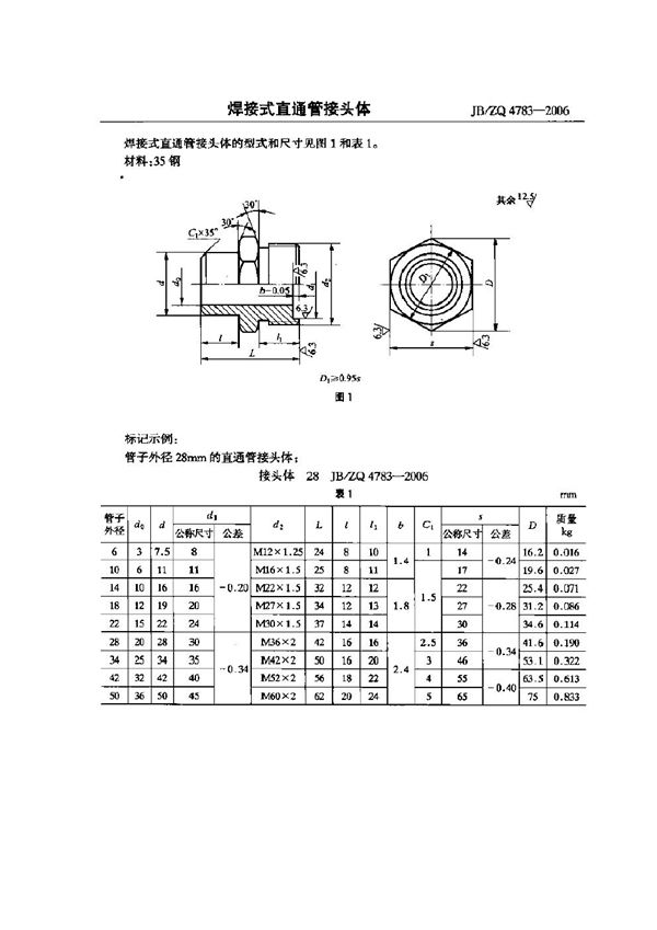 焊接式直通管接头体 (JB/ZQ 4783-2006)