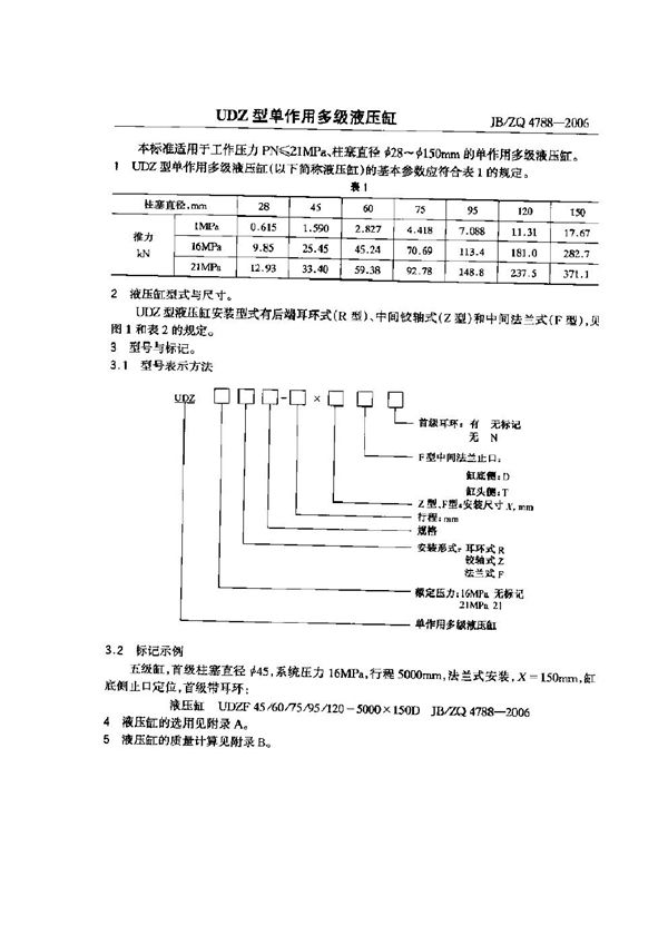 UDZ型单作用多级液压缸 (JB/ZQ 4788-2006)