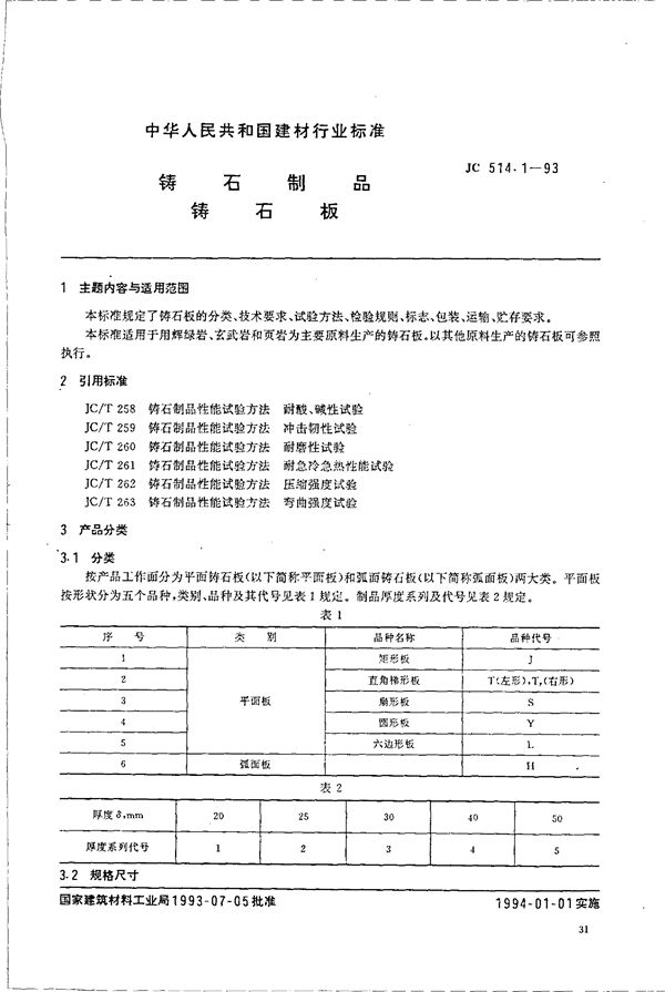 铸石制品 铸石板 (JC 514.1-1993)