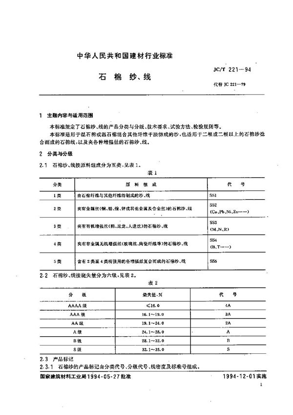 石棉纱、线 (JC/T 221-1994）