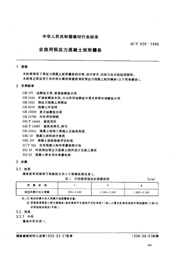 农房用预应力混凝土矩形檩条 (JC/T 629-1996)