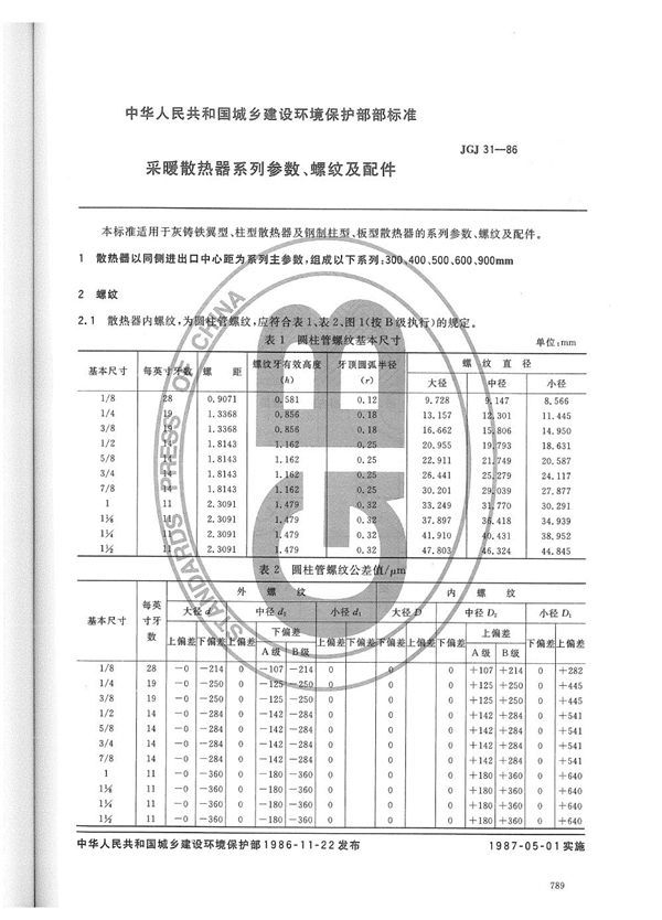 采暖散热器系列数、螺纹及配件 (JG/T 6-1999)