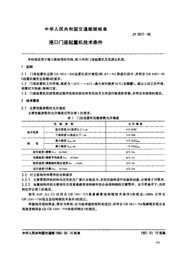 港口门座起重机技术条件 (JT 5017-1986)