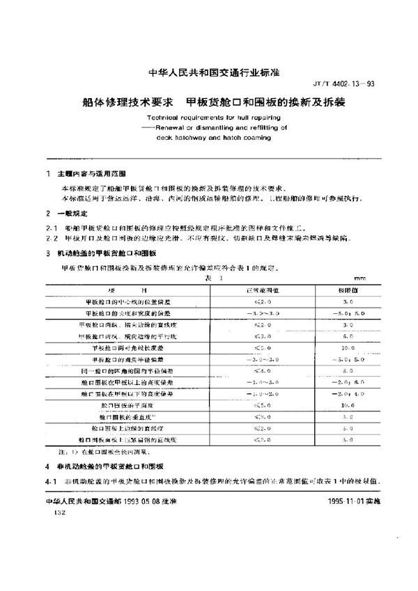 船体修理技术要求 甲板货舱口和围板的换新及拆装 (JT/T 4402.13-1993)