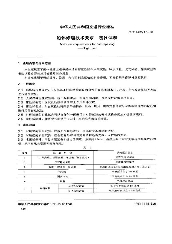 船体修理技术要求 密性试验 (JT/T 4402.17-1993)