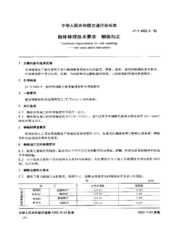 船体修理技术要求 钢板加工 (JT/T 4402.8-1993)