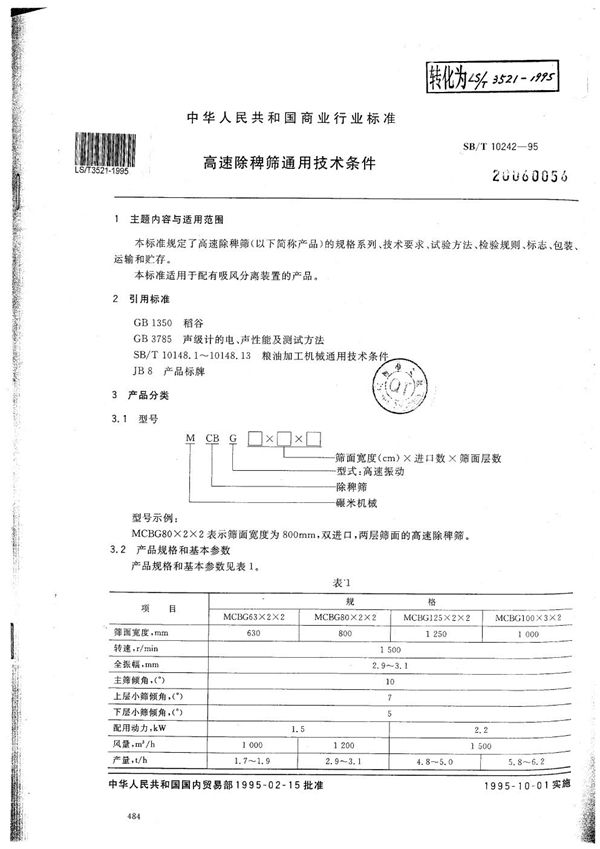 高速除稗筛通用技术条件 (LS/T 3521-1995）