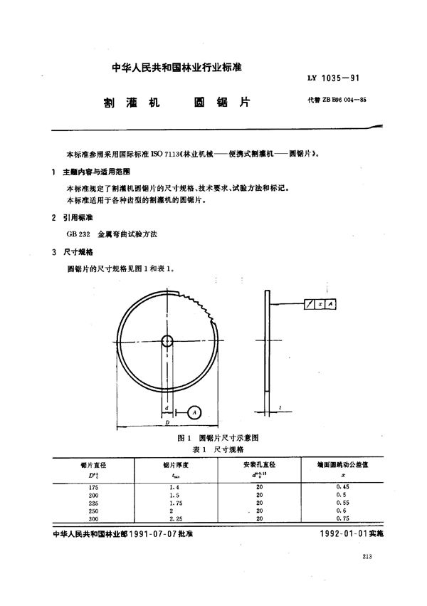 割灌机 圆锯片 (LY 1035-1991）