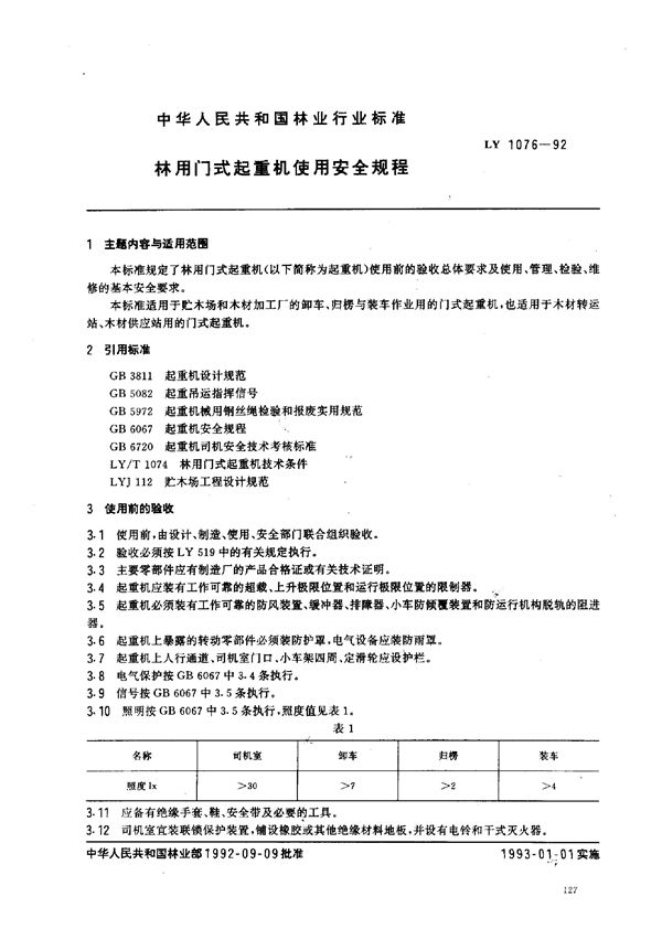 林用门式起重机 使用安全规程 (LY 1076-1992)