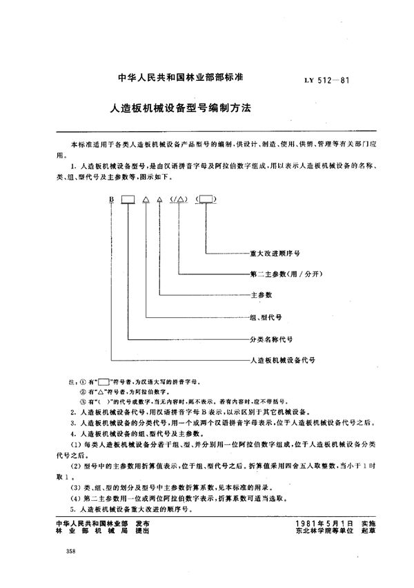 人造板机械设备型号编制方法 (LY 512-1981)