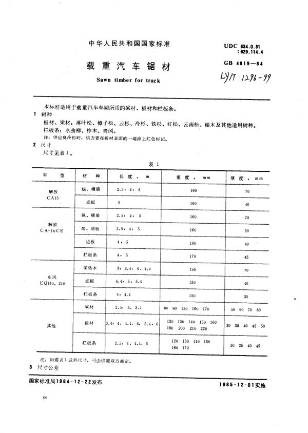 载重汽车锯材 (LY/T 1296-1999)