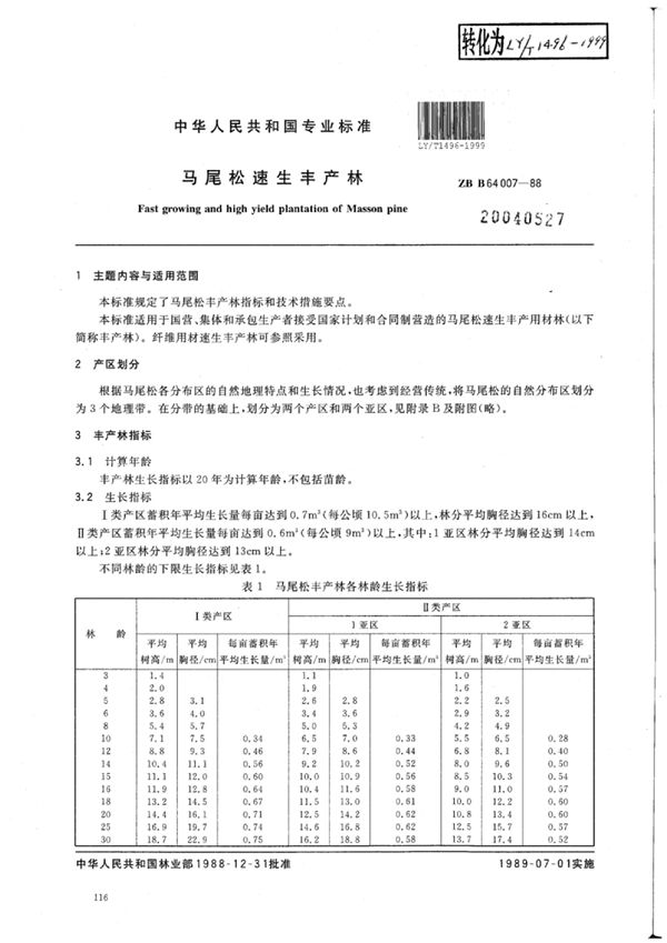 马尾松速生丰产林 (LY/T 1496-1999)