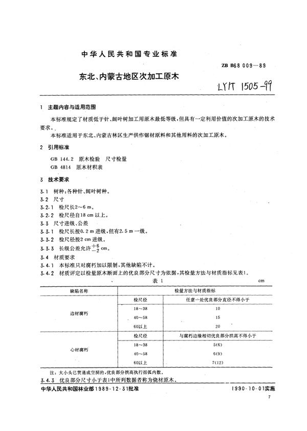 东北、内蒙古地区次加工原木 (LY/T 1505-1999)