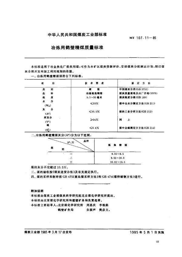 冶炼用鹤壁精煤质量标准 (MT 107.11-1985)