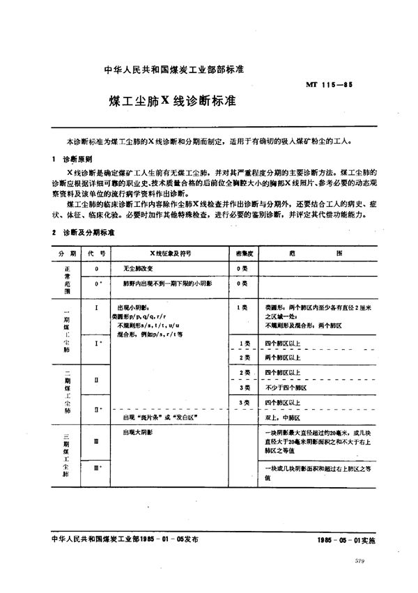 煤工尘肺X线诊断标准 (MT 115-1985)