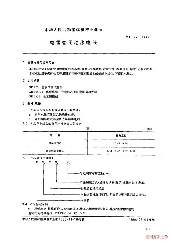 电雷管用绝缘电线 (MT 377-1995）