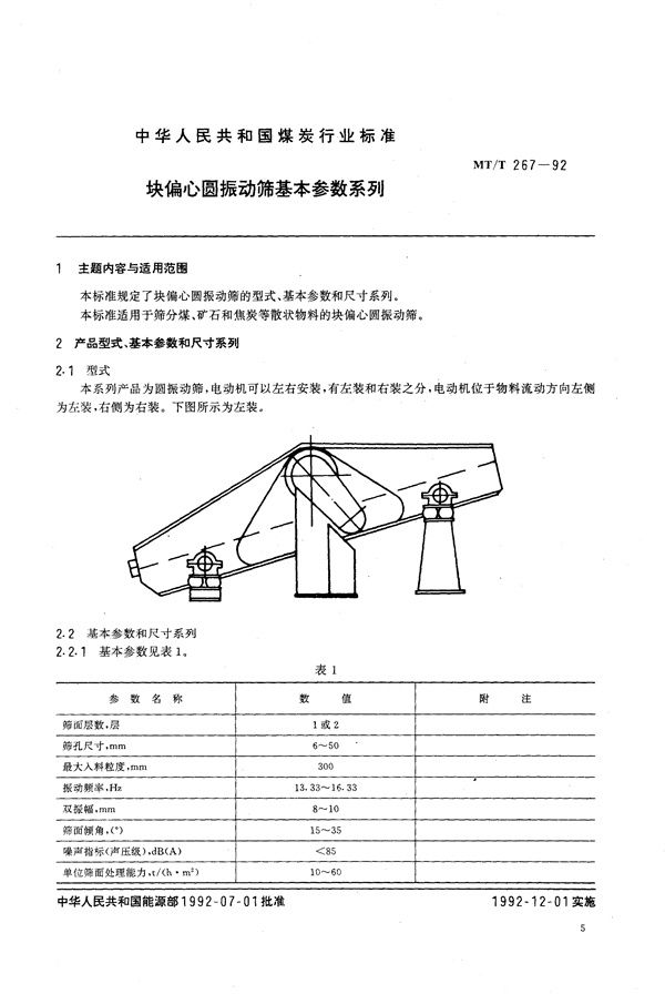 块偏心圆振动筛基本参数系列 (MT/T 267-1992）