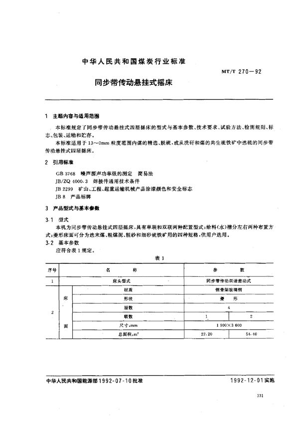 同步带传动悬挂式摇床 (MT/T 270-1992）