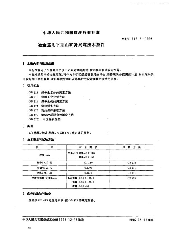 冶金焦用平顶山矿务局煤技术条件 (MT/T 512.2-1995）