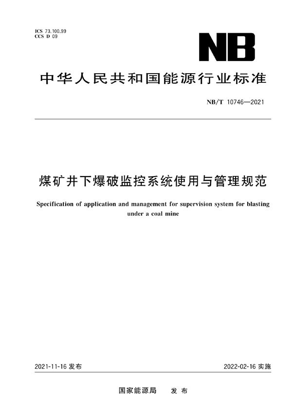 煤矿井下爆破监控系统使用与管理规范 (NB/T 10746-2021)