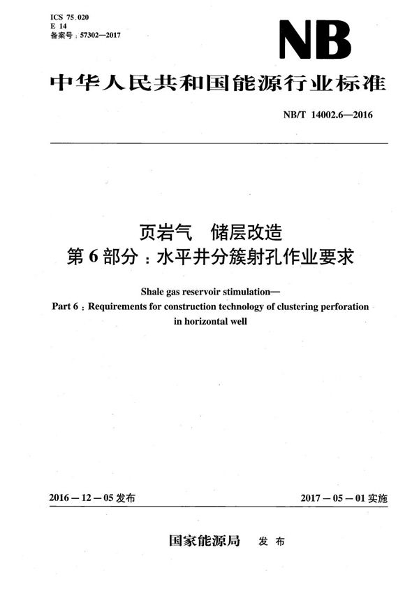 页岩气 储层改造 第6部分：水平井分簇射孔作业要求 (NB/T 14002.6-2016）