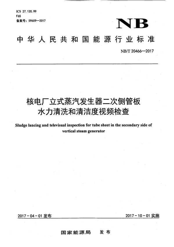 核电厂立式蒸汽发生器二次侧管板水力清洗和清洁度视频检查 (NB/T 20466-2017）