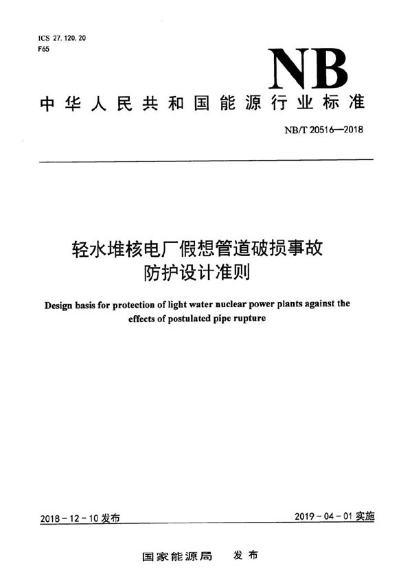 轻水堆核电厂假想管道破损事故防护设计准则 (NB/T 20516-2018）