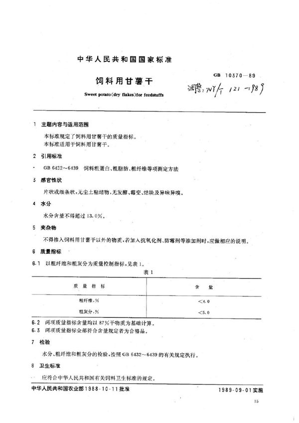 饲料用甘薯干 (NY/T 121-1989)