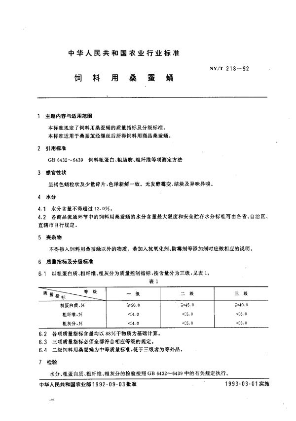 饲料用桑蚕蛹 (NY/T 218-1992)