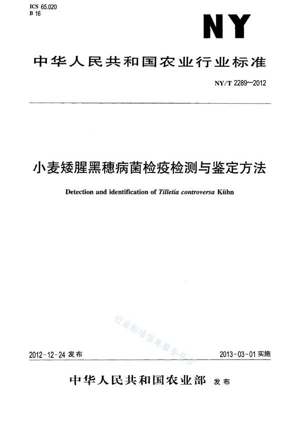 小麦矮腥黑穗病菌检疫检测与鉴定方法 (NY/T 2289-2012)