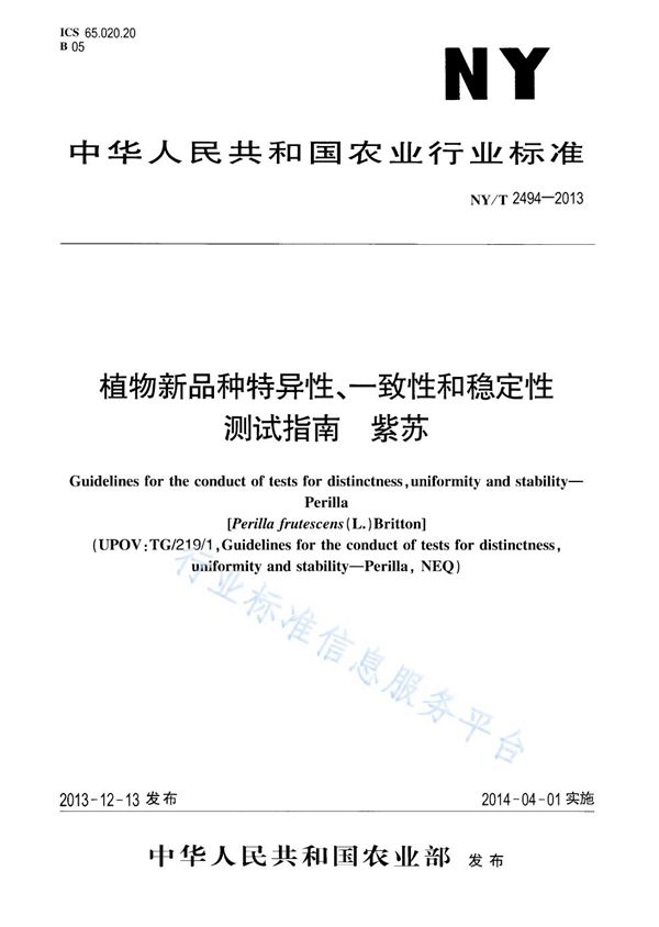 植物新品种特异性、一致性和稳定性测试指南 紫苏 (NY/T 2494-2013)