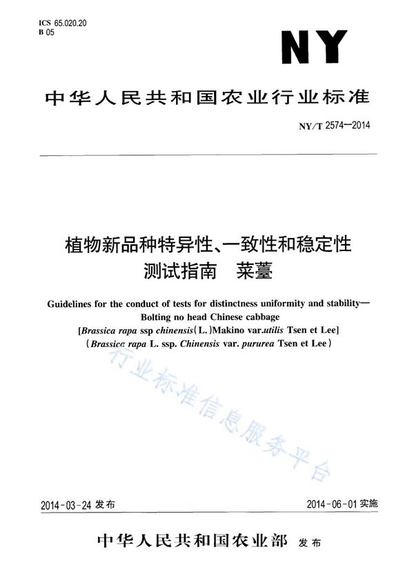 植物新品种特异性、一致性和稳定性测试指南 菜薹 (NY/T 2574-2014)